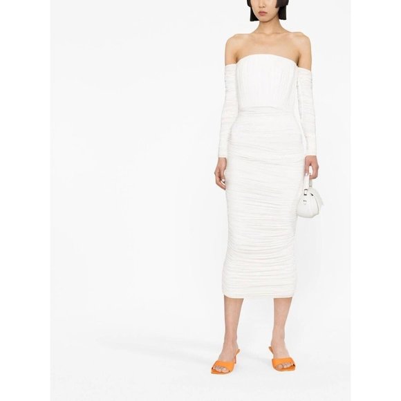 Alex Perry Sterling Ruched Long Sleeve Off Shoulder Dress White - Picture 3 of 8